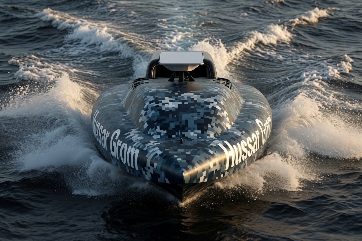 Head-on view of GROM underway at speed in digital naval camouflage, daylight