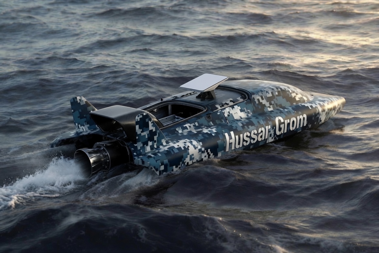 GROM autonomous surface vessel in digital naval camouflage underway at sea