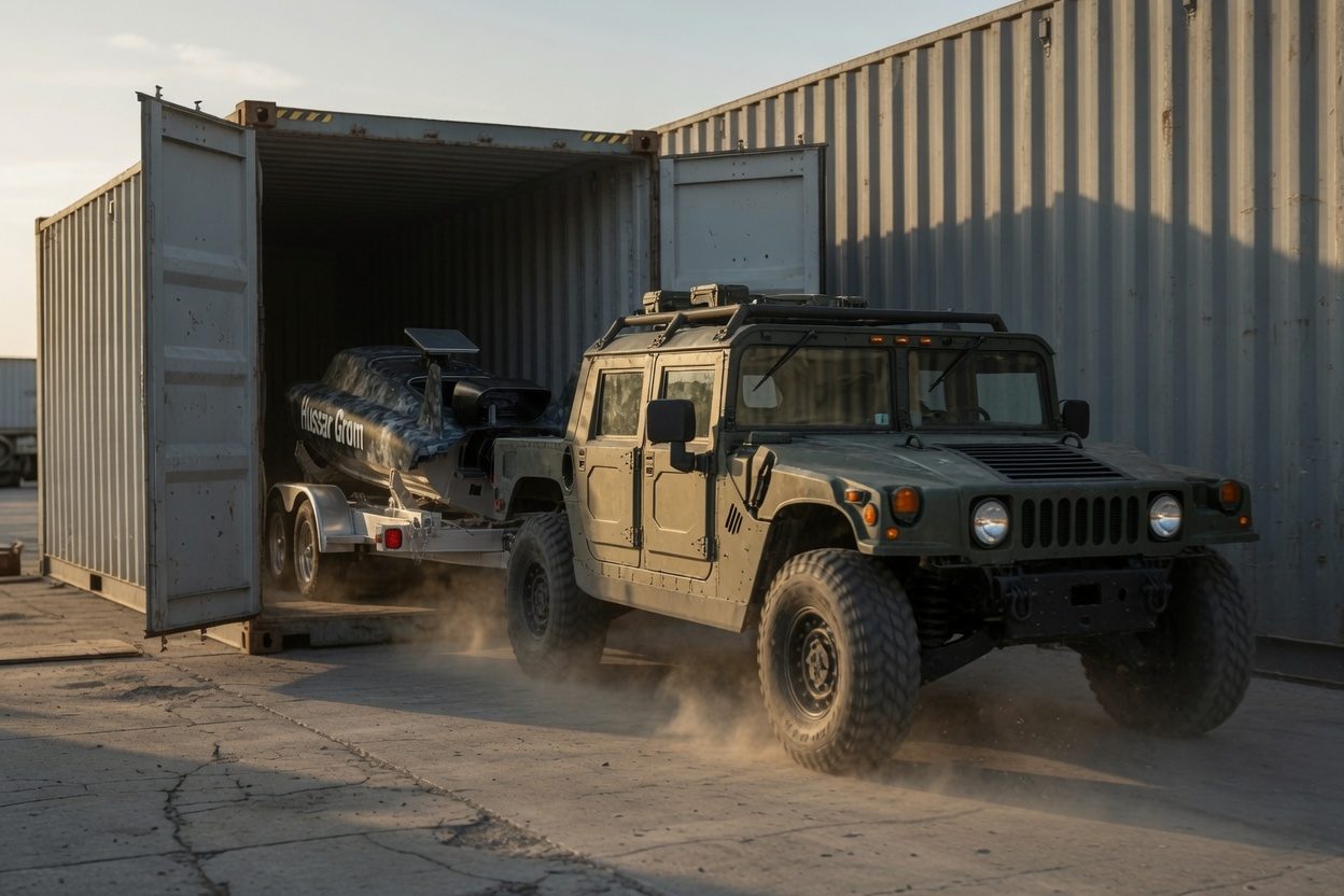 GROM on its trailer being drawn out of a standard shipping container by a military utility vehicle