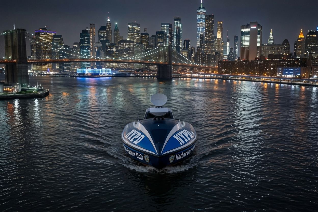 GROM in harbor-police livery on night patrol on a city river with an urban skyline behind