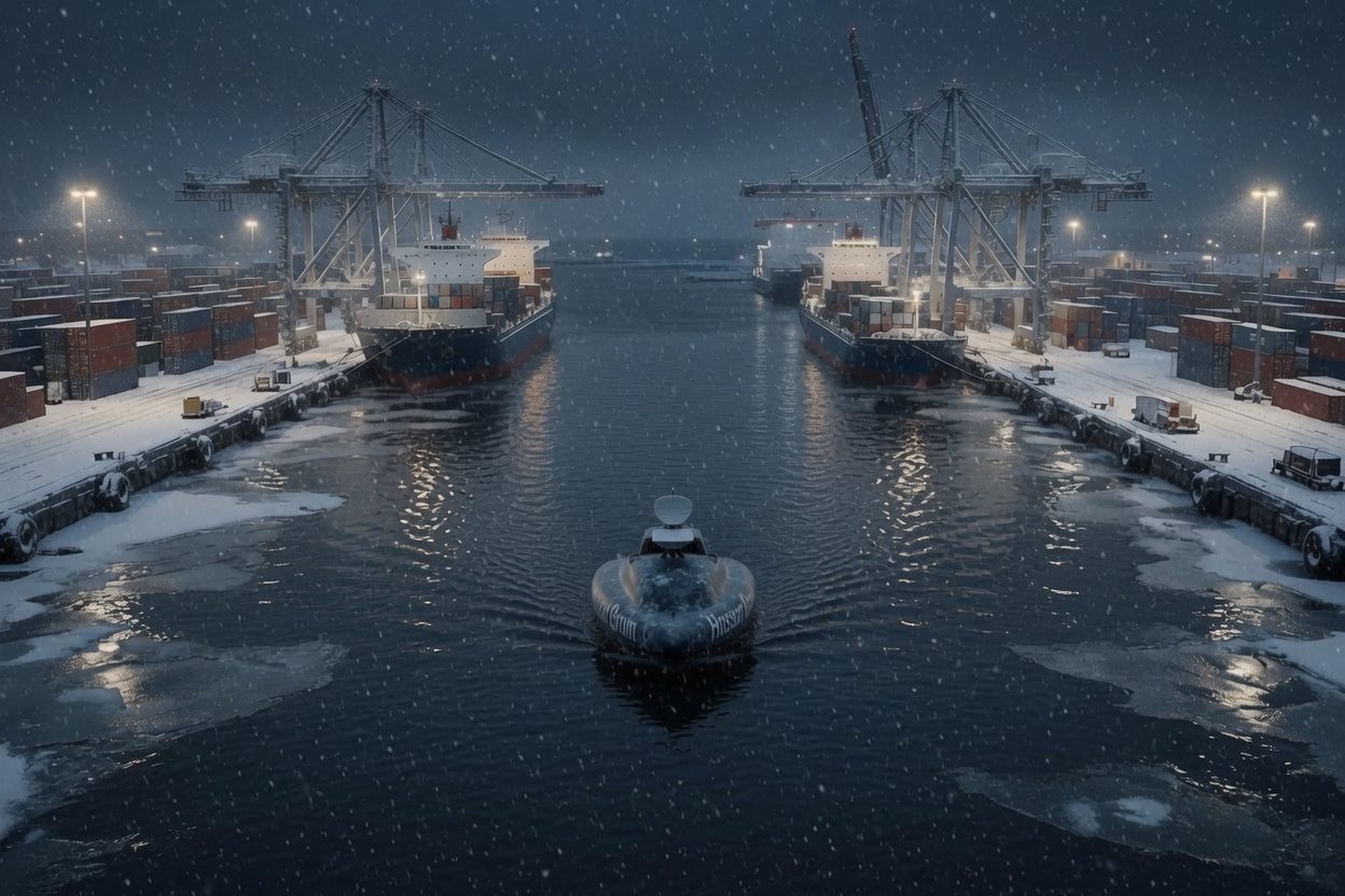 GROM holding station at night between two moored container ships in a snowbound harbor