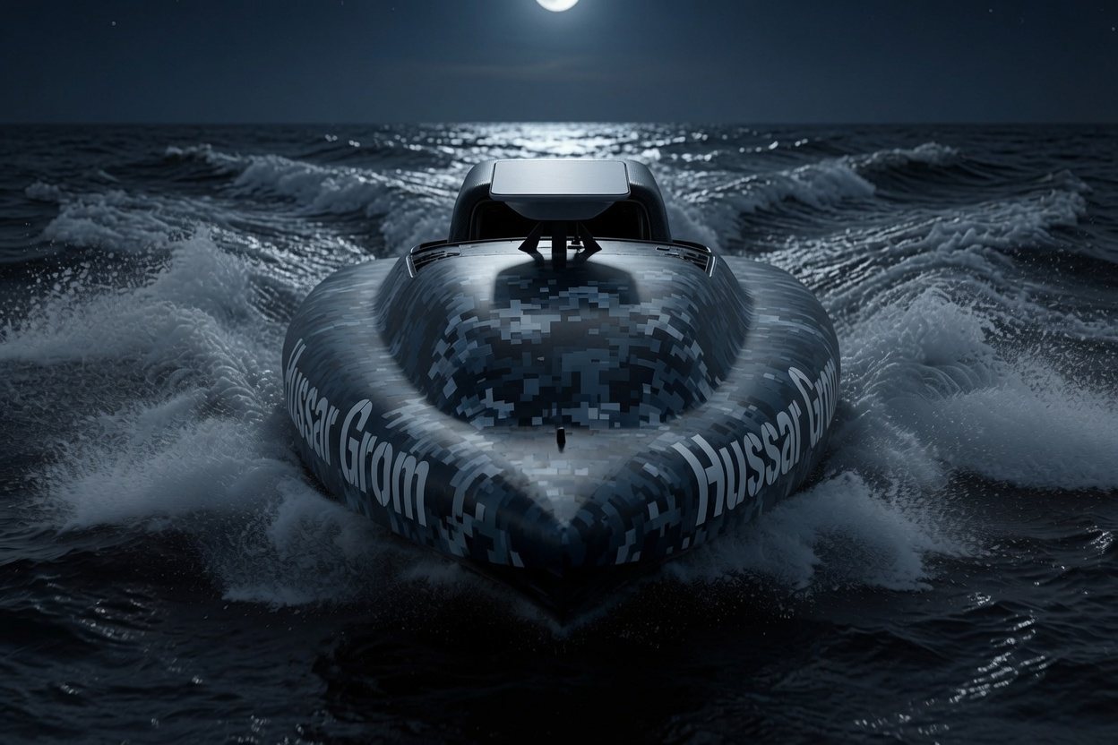 GROM bearing down head-on across open water at night under a full moon