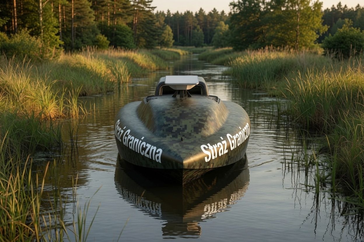 GROM in green camouflage with border-guard livery patrolling a narrow forest river