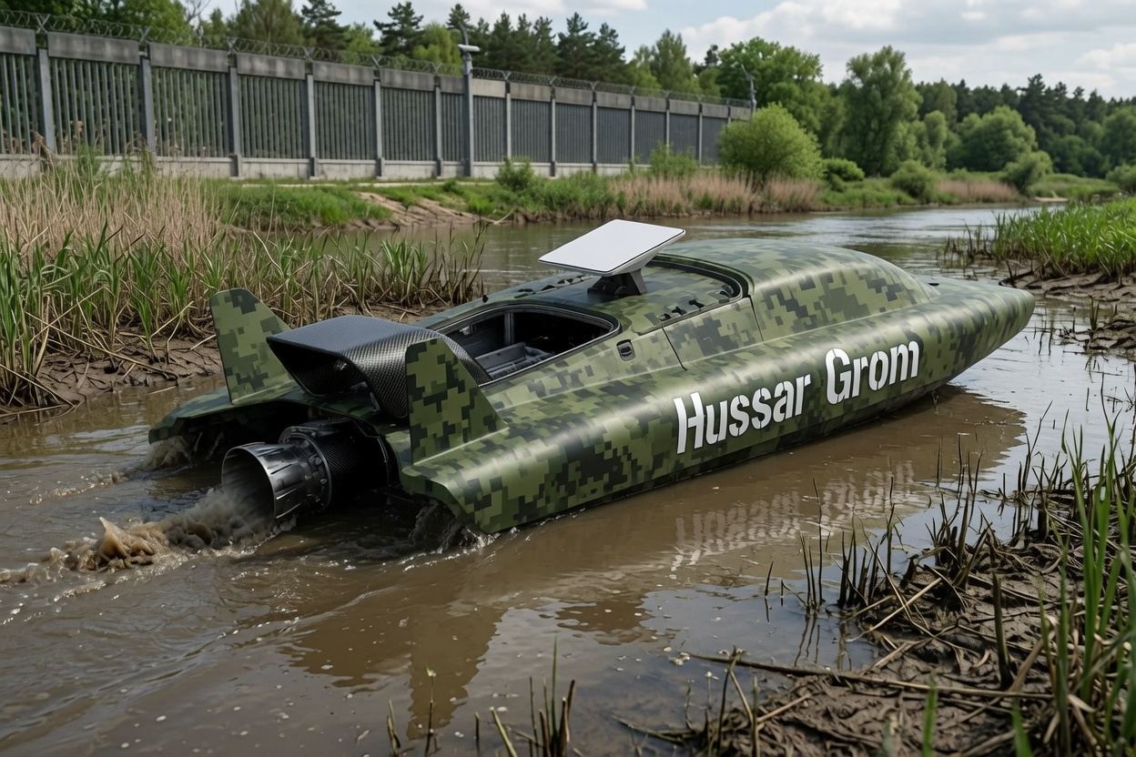 GROM in green digital camouflage in a shallow muddy river beside a frontier fence
