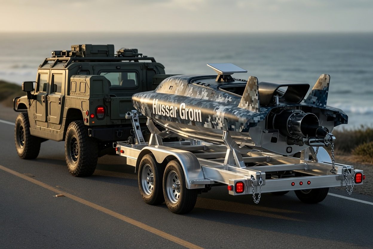 GROM towed on its off-road trailer along a coastal road behind a military utility vehicle